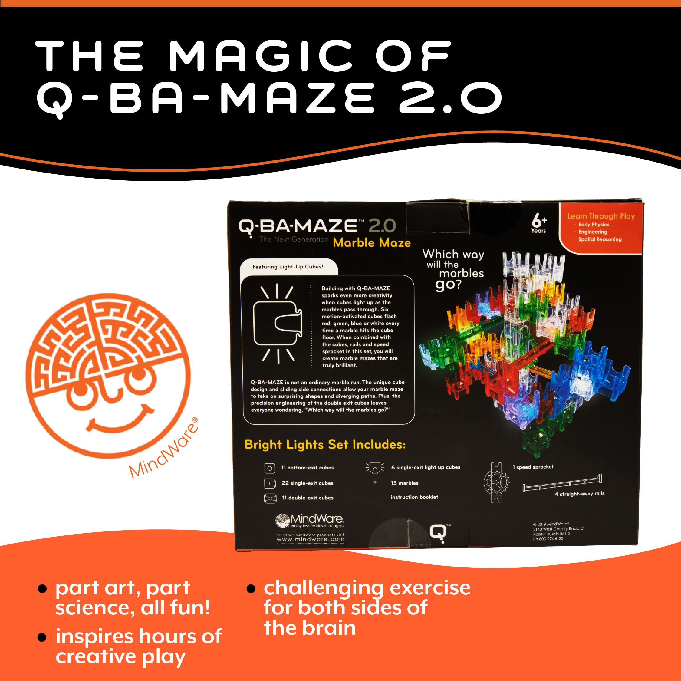 MindWare Q-BA-Maze Bright Lights The Next Generation Marble Maze Kids Toys - STEM Marble Run - Recommended for Ages 6+ - Educational Gift for Boys and Girls