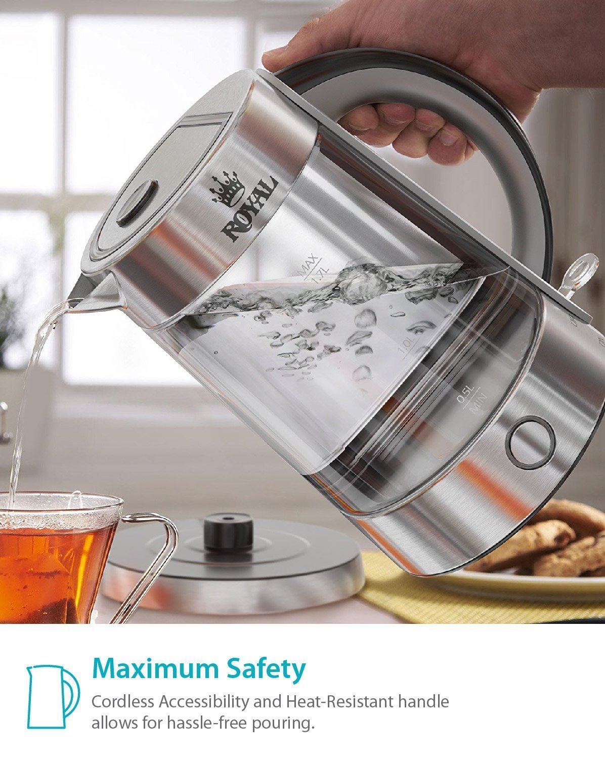 Royal Electric Kettle (BPA Free) Fast Boiling Glass Tea Kettle (1.7L