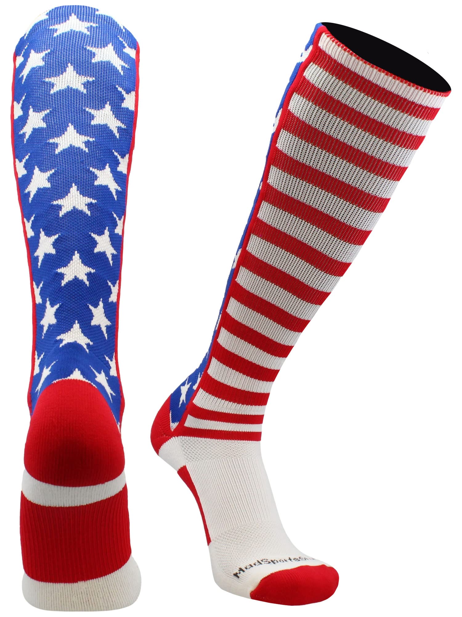MadSportsStuff Calcetines sobre la pantorrilla con bandera estadounidense fabricados en Estados Unidos (real/rojo/blanco, extragrande)