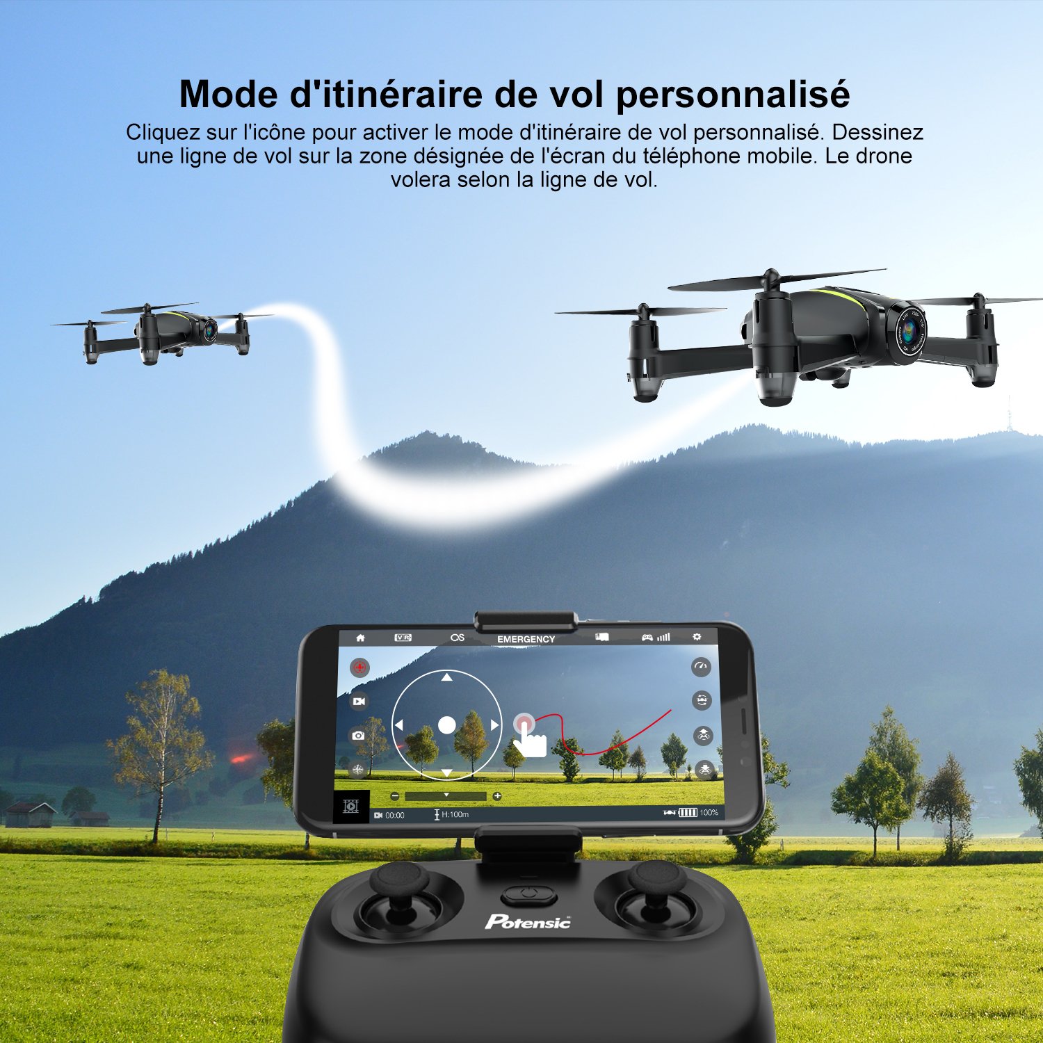Potensic Drone avec caméra HD, U36W RC Avion 720P caméra, Mode sans Tête, Mode de Restez-Altitude, Fantastiqu Super Grand Angle à 120 degrés Cadeau de la fête(U36)
