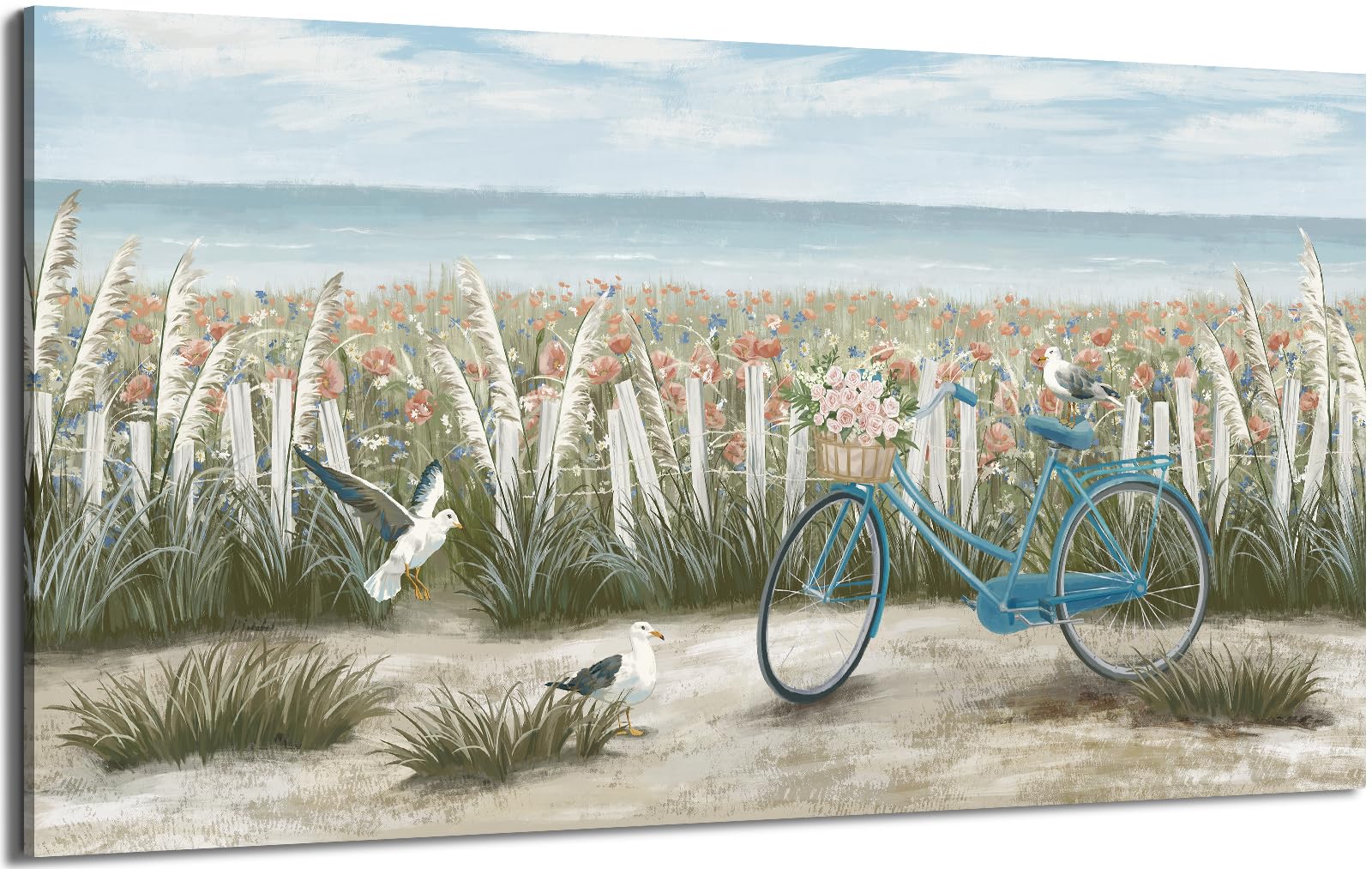 Photo 1 of Large Wall Art for Living Room Boho Ocean Beach Canvas Print Coastal Vintage Wildflower Daisy Flowers Landscape Seaside Blue Bicycle Seagull Seascape Artwork for Seashore Farmhouse Bedroom 60x30inch