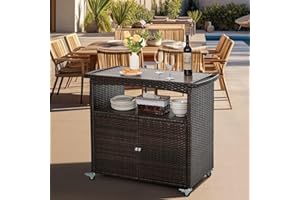 PATIO NOVAGARDEN Outdoor Bar Cart with Storage Cabinet Patio Wicker Sideboard Buffet Cabinet Prep Table Outside Kitchen Serving Cart with Rolling Wheels & Handle Rattan Portable Bar Table with Shelves Doors Brown