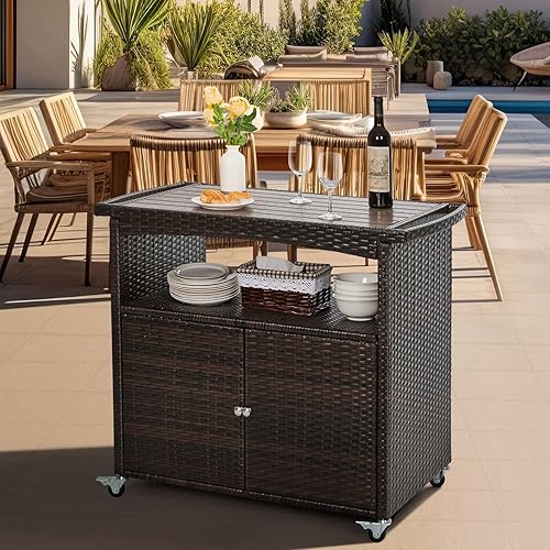 Outdoor Bar Cart with Storage Cabinet Patio Wicker Sideboard