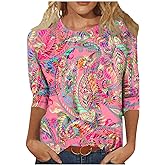 WJDNHKYD Cotton Tunic Tops For Women Loose Fit 3/4 Length Sleeve Womens Tops 2024 Floral Print Vintage Casual Loose With Round Neck Plus Size Shirts, Small, 05-hot Pink