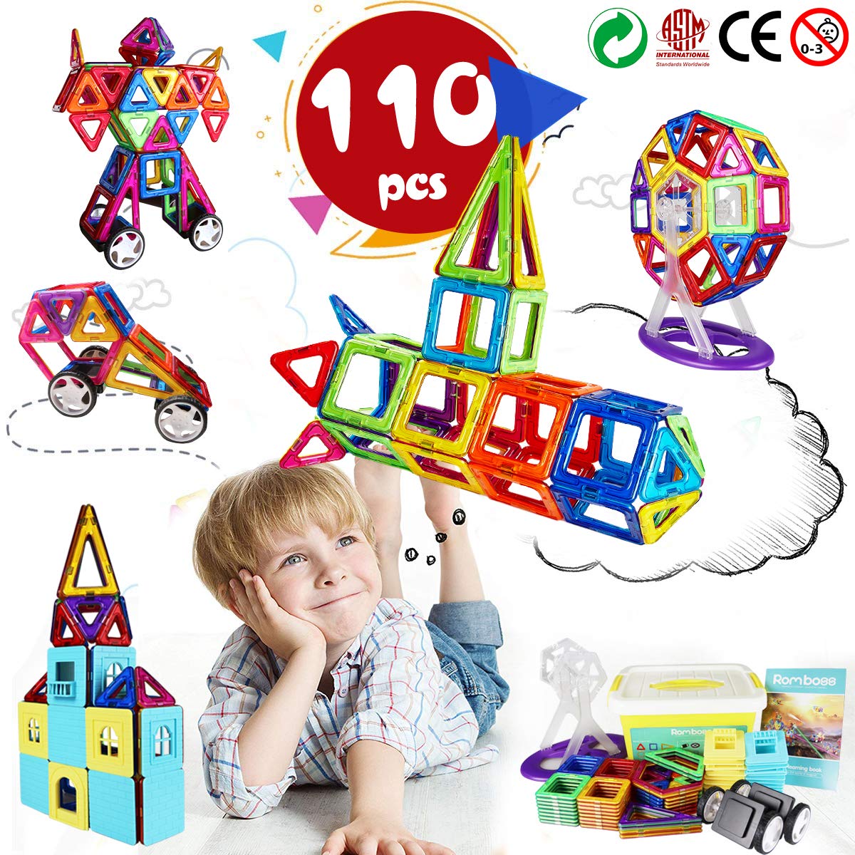 Romboss 110 Pcs Creative Magnetic Building Blocks 3D Magnet Tiles Set -STEM Preschool Educational Construction Toys Kits for Kids,Upgrade Strong Magnets