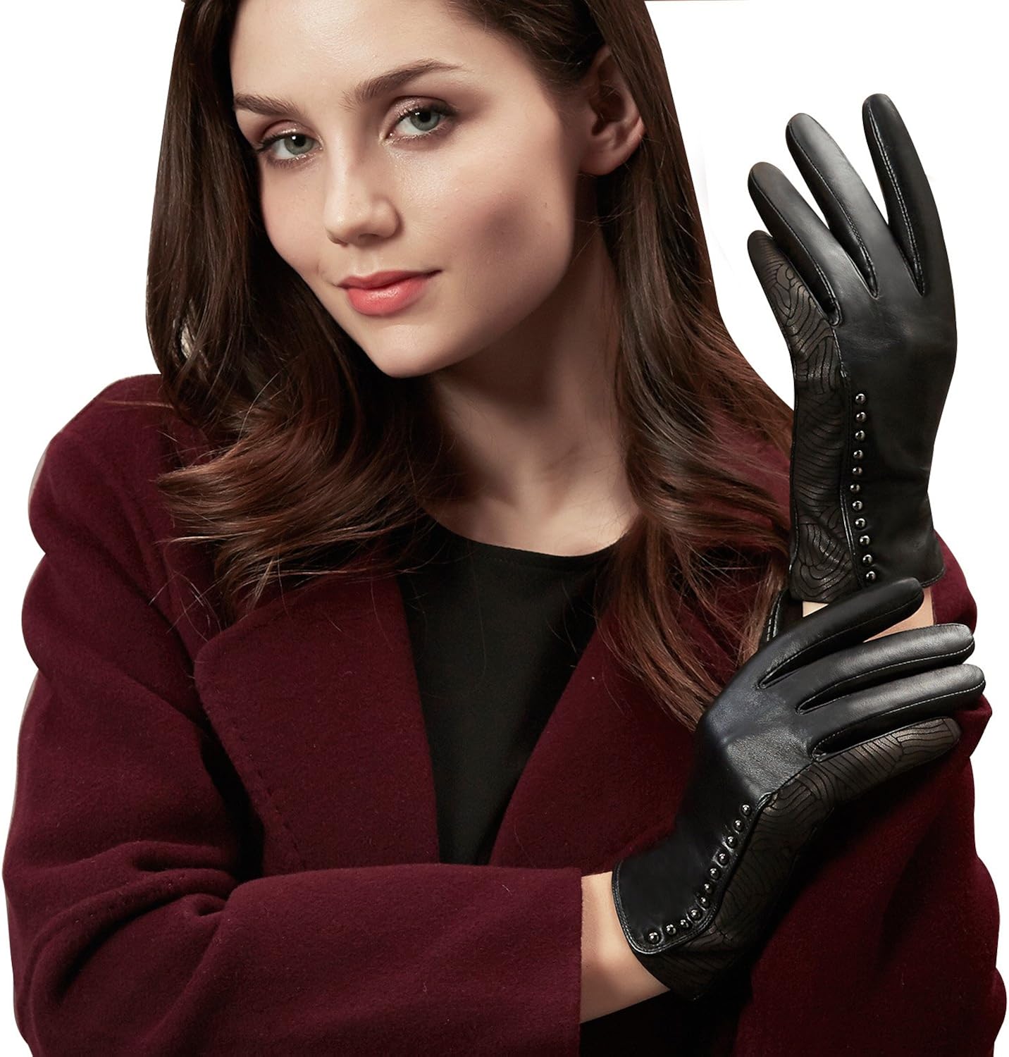 GSG Womens Leather Gloves Winter Vintage Wave Patterns Rivets Decor