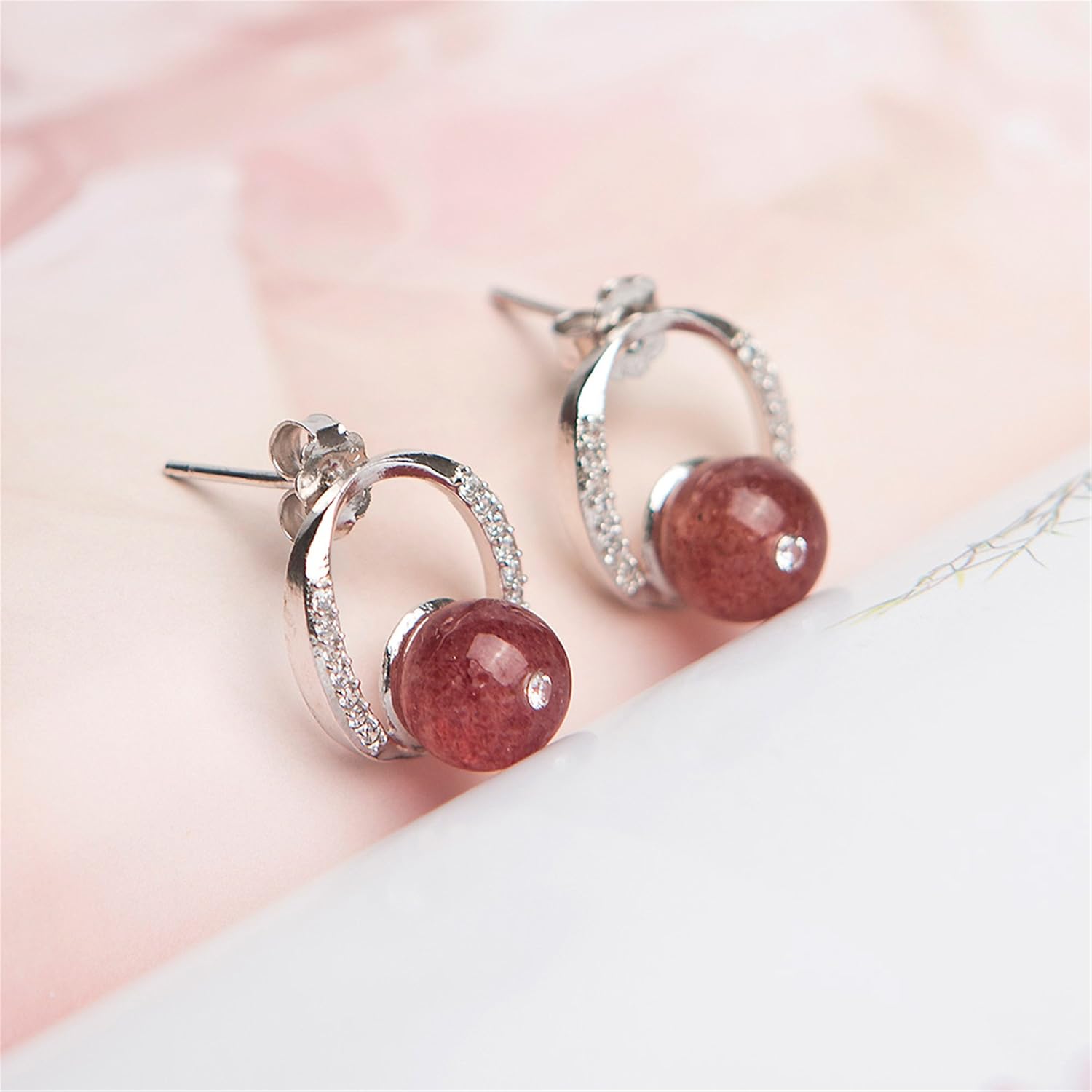 Genuine Natural Strawberry Quartz Crystal 925 Sterling Silver Fashion