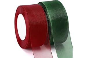 DECYOOL 2 Rolls 100 Yards Christmas Ribbons for Gift Wrapping, 1.6" Wide Christmas Organza Ribbons Wine Red Dark Green Holiday for Wreaths Festival Decoration and DIY Crafts