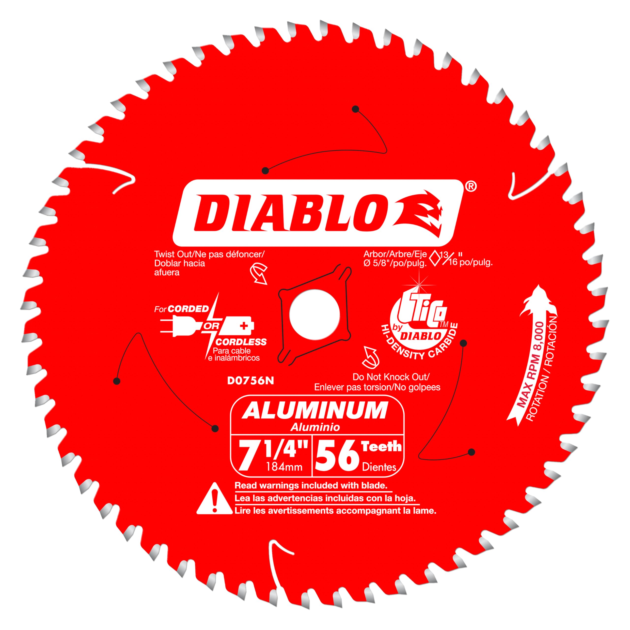 Diablo Thick Metal Cutting Circular Saw Blade - Ideal for Cutting Aluminum, Copper and Non-Ferrous Metals - 7-1/4" Diameter, 56 TCG Teeth - D0756NA Image