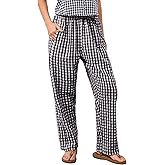 Livtany Women's Mid-Rise Plaid Wide Leg Lounge Long Pant Classic Gingham Print Stretchy Elastic Waist Trouser with Pocket