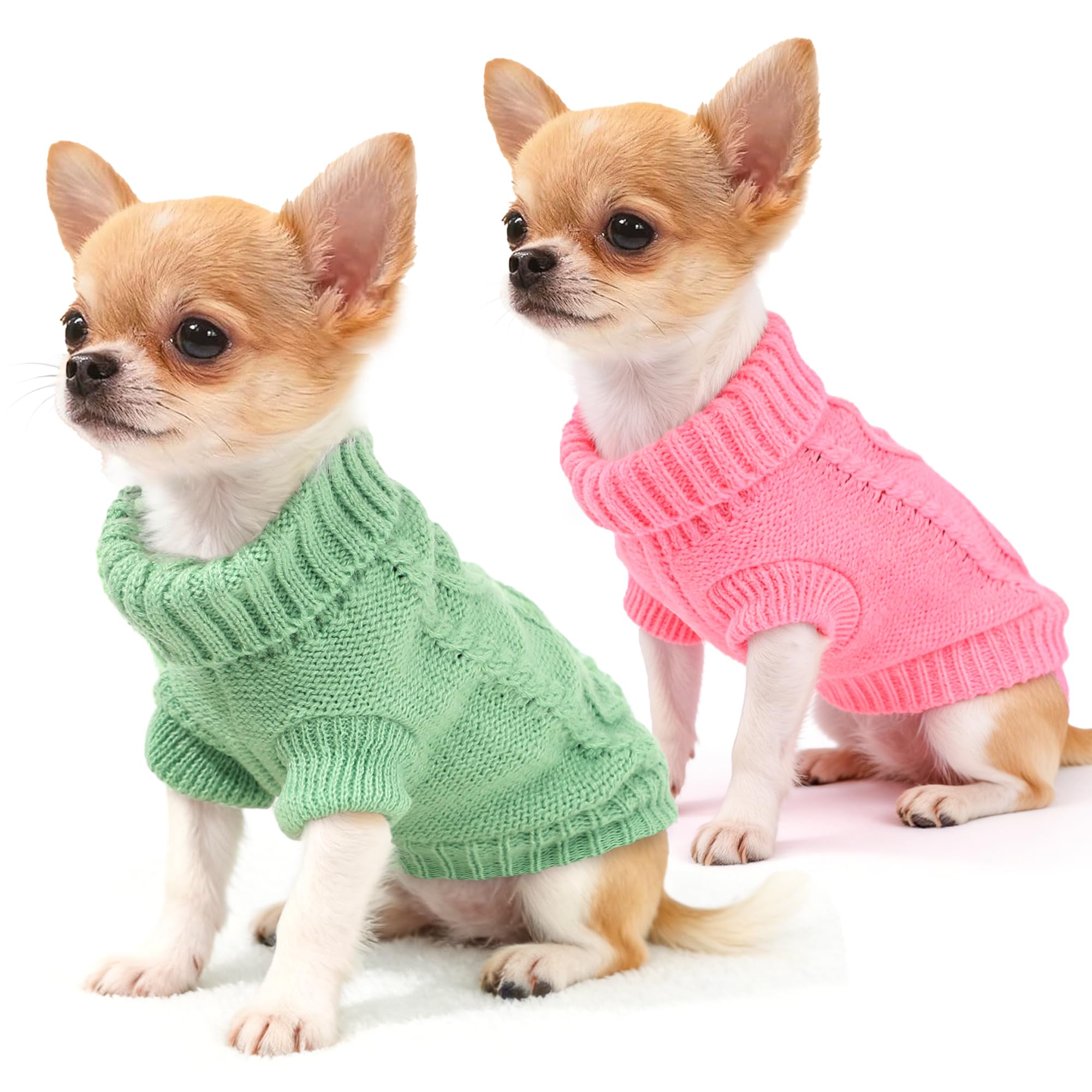 Photo 1 of 2 Pack Turtleneck Puppy Sweaters Knitted Dog Sweaters for Small Dogs Girl Boy Teacup and Cats Thick Warm Pet Clothes Doggie Apparel Outfits (Green Pink, XS)