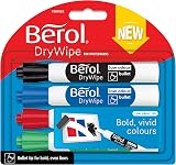 Berol Dry Wipe Whiteboard Marker Pens Bullet Tip 4 Count Black Blue Red Green