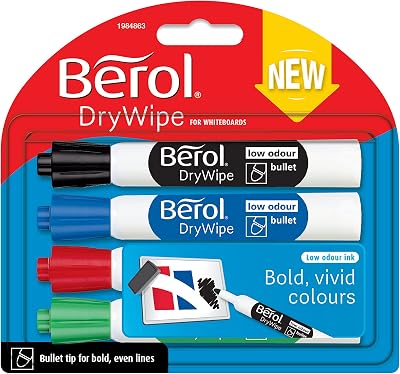 Berol Dry Wipe Whiteboard Marker Pens Bullet Tip 4 Count Black Blue Red Green