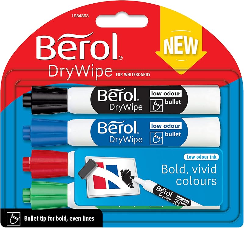 Berol Dry Wipe Whiteboard Marker Pens Bullet Tip 4 Count Black Blue Red Green