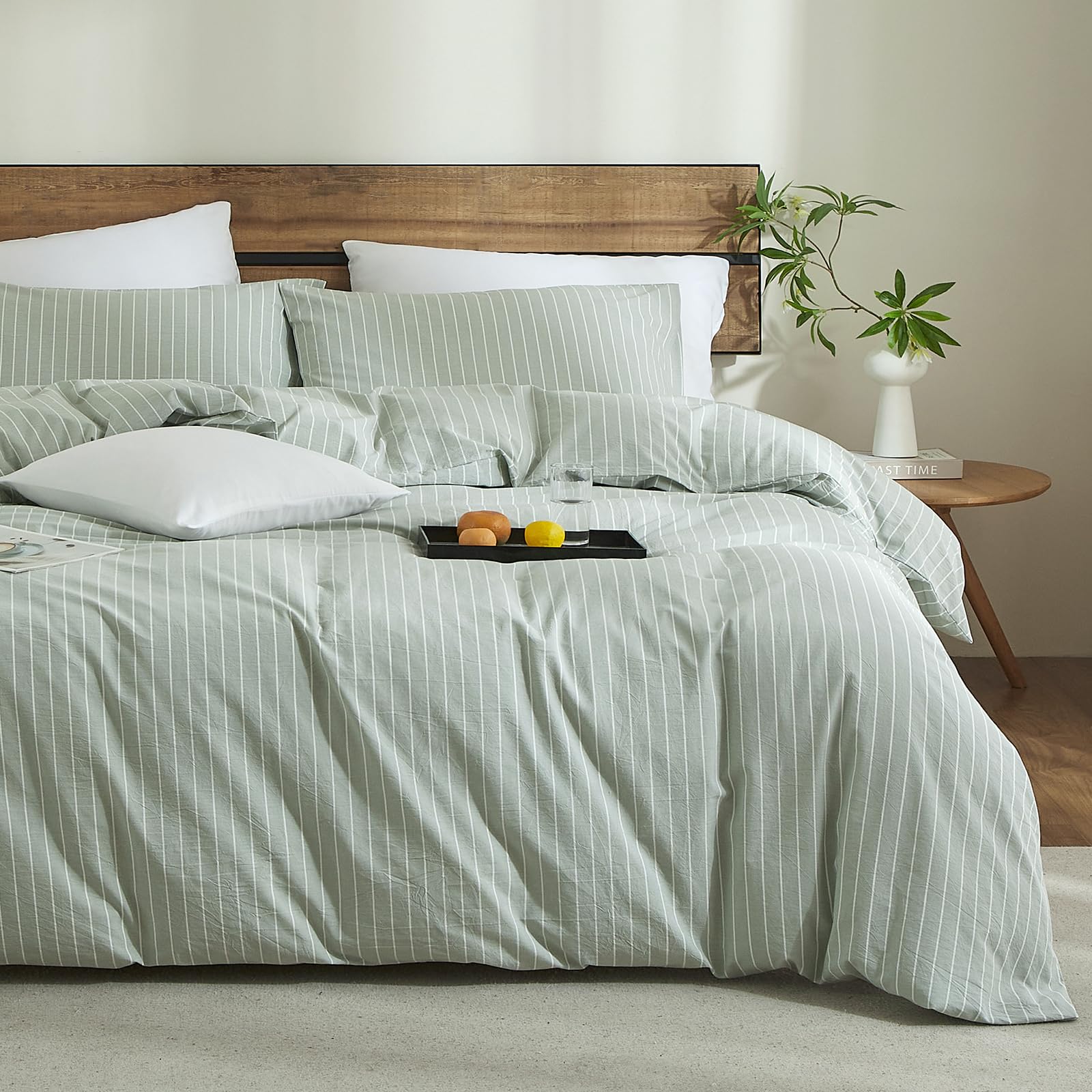 Photo 1 of XINMIANFANG Striped Duvet Cover Set Queen Size 100% Washed Cotton Linen Feel Natural Wrinkle Comfy Lightweight Bedding Set (Queen, Wide Stripe-Sage Green/White)