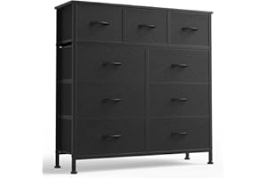 DUMOS 9 Drawer Dresser for Bedroom, Fabric Storage Organizer with Sturdy Metal Frame, Wooden Top Chest of Drawers for Closet Nursery Entryway Guest Room,Matte Black