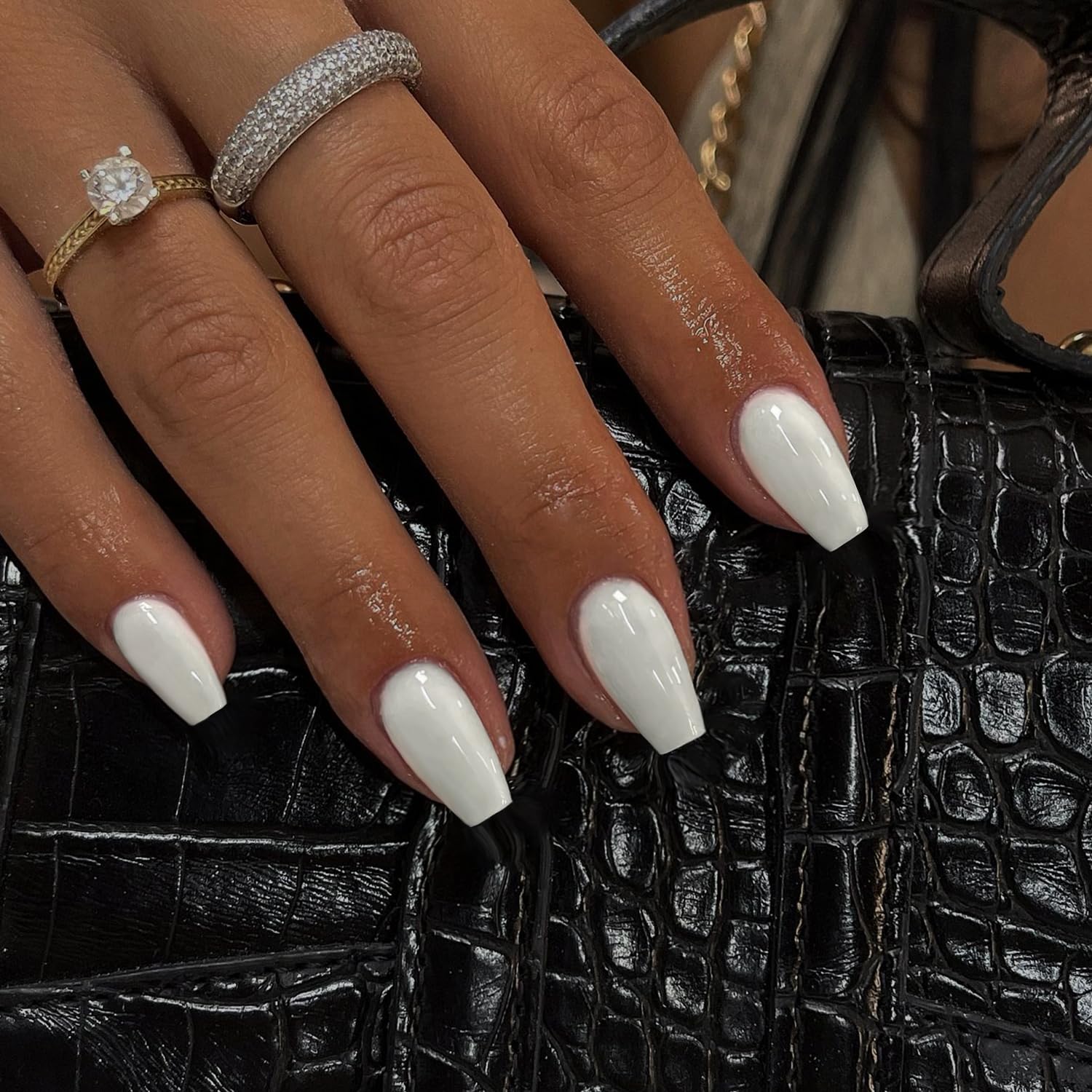 White Short Coffin Press on Nails Medium Coffin Nails Press ons, Glue on Nails Short Fake Nails for Women, Ballerina T Shape Acrylic False Nails Natural Handmade Gel Nails Medium Square Nails - Image 5