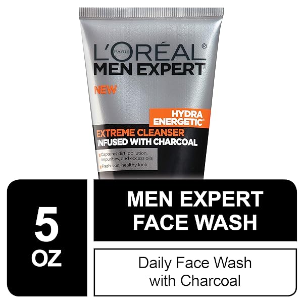 L’OREAL MEN EXPERT HYDRA ENERGETIC FACIAL CLEANSER WITH CHARCOAL FOR DAILY FACE WASHING, MENS FACE WASH, BEARD AND SKINCARE FOR MEN, 5 FL. OZ