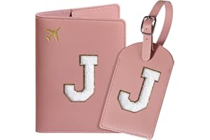 ROKOXIN Passport Cover Case and Luggage Tag Set for Women Girls, Passport Book Holder with Personalized Chenille Letter Patch, Slim Travel Wallet Bag Suitcase Identifier, Pink, J