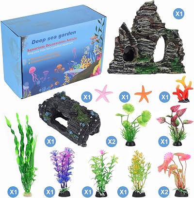 QZQ Aquarium Decorations 14 PCS Resin Plants Rockery Starfish Coral Set
