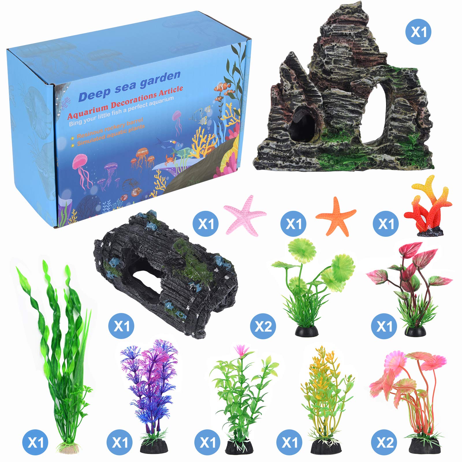 QZQ Aquarium Decorations Plastic Plants 14 PCS Fish Tank Plants Fish Tank Decorations Accessories Decor Set with Resinous Rockery Hideouts Coral Aquarium Plants and Resin Starfish
