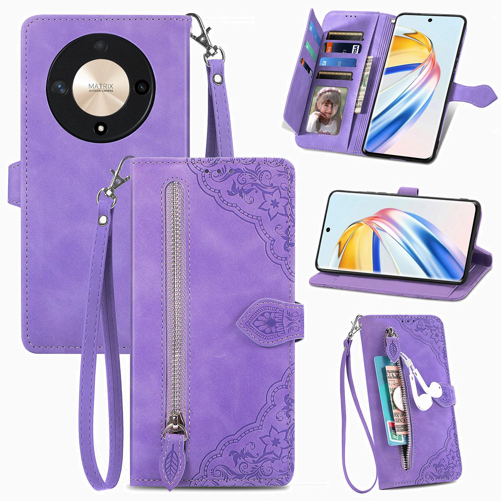 MOJIA Flip Case Compatible with Honor Magic6 Lite 5G (Magic 6 Lite) / X9b, PU Leather Zipper Wallet Case Flip Phone Cover with TPU Shell, Card Holder Multifunctional Case. Purple — image 1