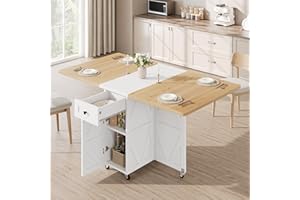 Jocoevol Space Saving Folding Dining Table for 4, Farmhouse Foldable Dining Table with Drawer and Storage Shelf, 6 Wheels Multipose Expandable Kitchen Drop Leaf Table for Small Space (Pear Wood White)