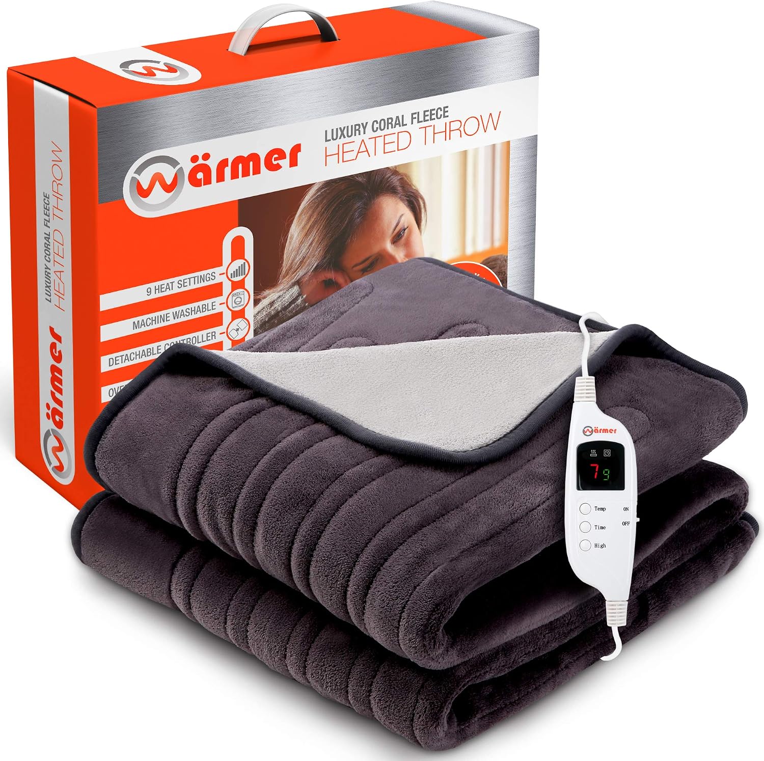 Warmer Electric Heated Throw Blanket, Digital Controller, 9 Hour Timer, 9 Heat Settings, Auto Shutoff, Detachable Controller