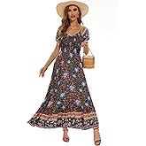 Women's Summer Floral Maxi Dress Casual Short Sleeve Flowy Boho Beach Party Long Dress