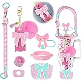 8Pcs Girly Bow Accessories Set for Stanley Cup 20oz30oz40oz, Including Straw Topper, Keychain Charms, Handle Strap, Silicone Boot, Bow Tumbler Lid Topper Compatible with Stanley Tumblers (Pink)