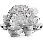 Elama Malibu Calcite 16-Piece Stoneware Embossed Pattern Reactive Glaze Light Gray Dinnerware Set, Tableware, Serveware Set (Calcite Gray)