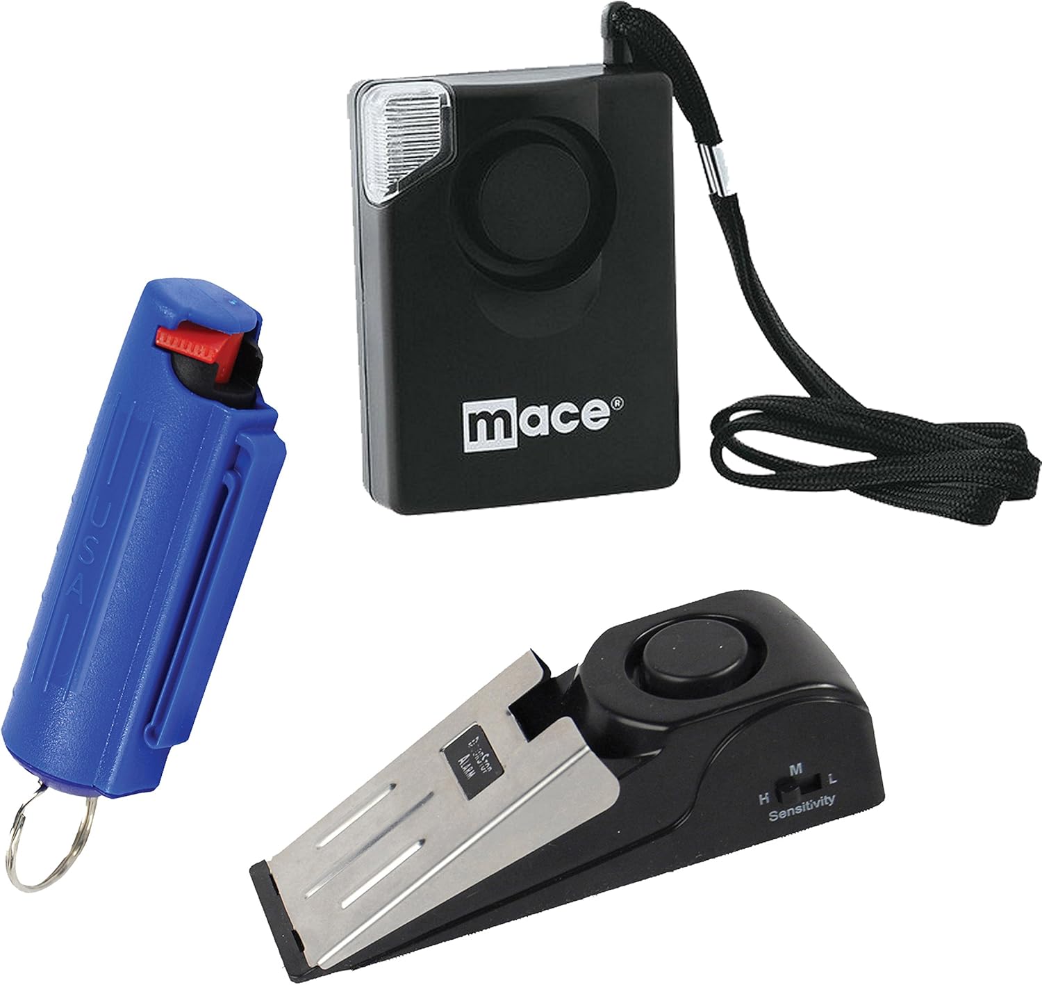 Apartment Safety Bundle: Wildfire 18% 1/2 Oz Pepper Spray, Super Door Alarm and Mace 3-in-1 Screecher Personal Safety Alarm - Lot of 3 Pcs