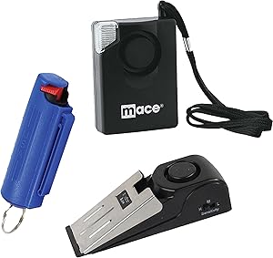 Apartment Safety Bundle: Wildfire 18% 1/2 Oz Pepper Spray, Super Door Alarm and Mace 3-in-1 Screecher Personal Safety Alarm - Lot of 3 Pcs