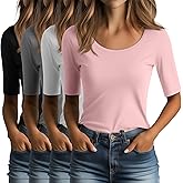 Ficerd 4 Pack Women's Scoop Neck Stretchy Tops Half Sleeve Cotton Slim Fit T-Shirts Tight Casual Basic Summer Tees(Pink, Light Gray, White, Black,Large)