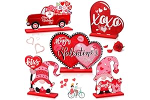 Capoda 5 Pieces Valentine's Day Wooden Table Sign Decoration Freestanding Table Centerpiece Sign Romantic Truck Heart Shape Home Decor Tiered Tray Gnome Valentines Day Accessories(Red)