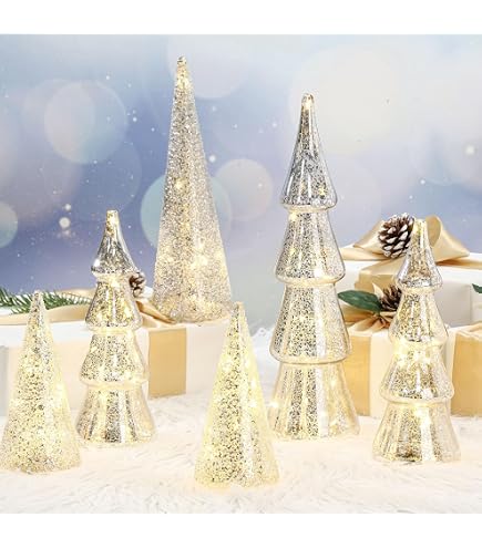 Set Of 5 Mercury Glass Christmas Trees With LED Lights | Battery Operated Tabletop Decor | 3.5" To 14" Holiday Centerpiece