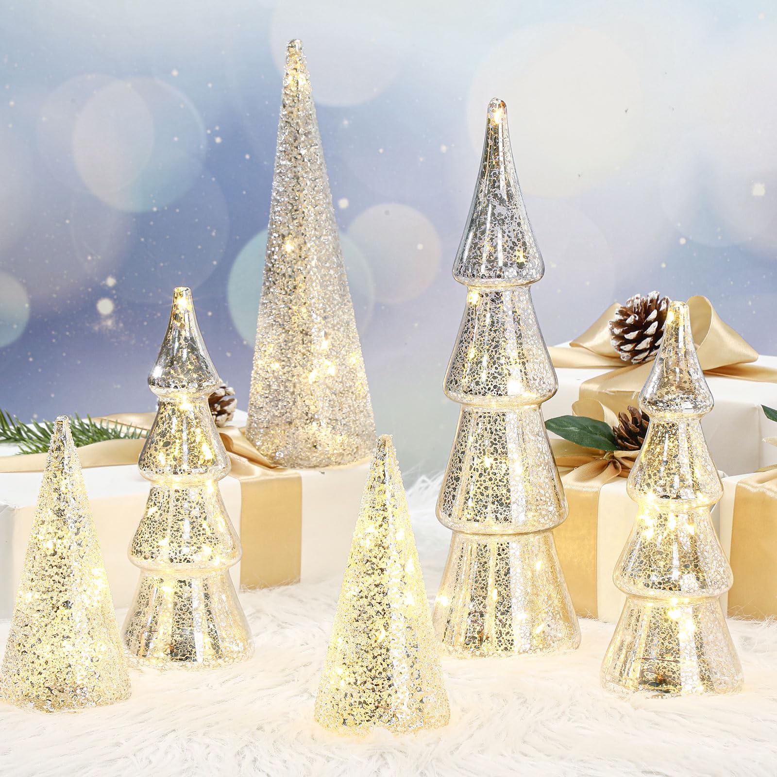 Photo 1 of LOYIM 6 Pcs Mercury Glass Christmas Tree Silver Plate Glass Tree Figurines with LED Fairy Lights 11 In Tall Silver Finish Light up Christmas Tree Ornaments Holiday Table Centerpiece Tabletop (Elegant)