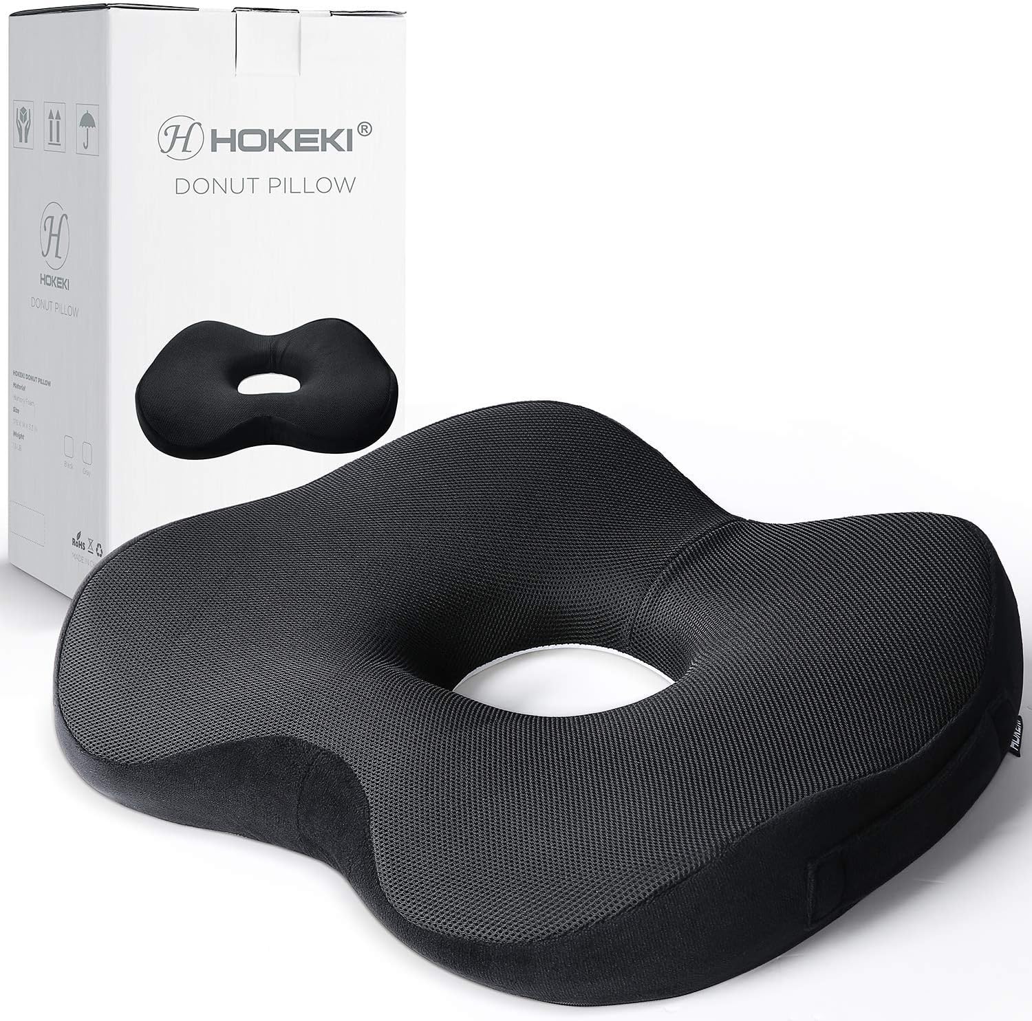 HOKEKI Seat Cushion for Chair, 100% Memory Foam and Lumbar Support - Donut Pillow for Tailbone Pain, Sciatica, Back & Buttoock Pain Relief (Black) : Office Products