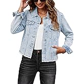 luvamia Denim Jacket for Women Distressed Jean Jackets Button Up Vintage Western Trucker Jacket Frayed Hem Pockets