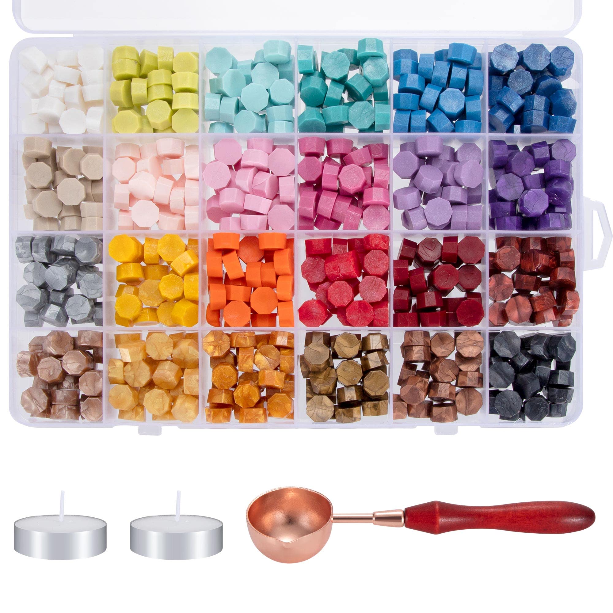 Sealing Wax Beads Set, Sealing Stamp 24 Colours Octagonal with 1 Spoon and 2 White Candles for DIY Wax Envelopes, Letters, Wedding Invitations, Cards (600 Pieces)