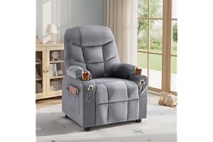 SNUGWAY Donut Larger Kids Reclining Chair Velvet Fabric Recliner Sofa Push Back Children Ages 3-12 with Dual Cup Holders and 4 Pockets