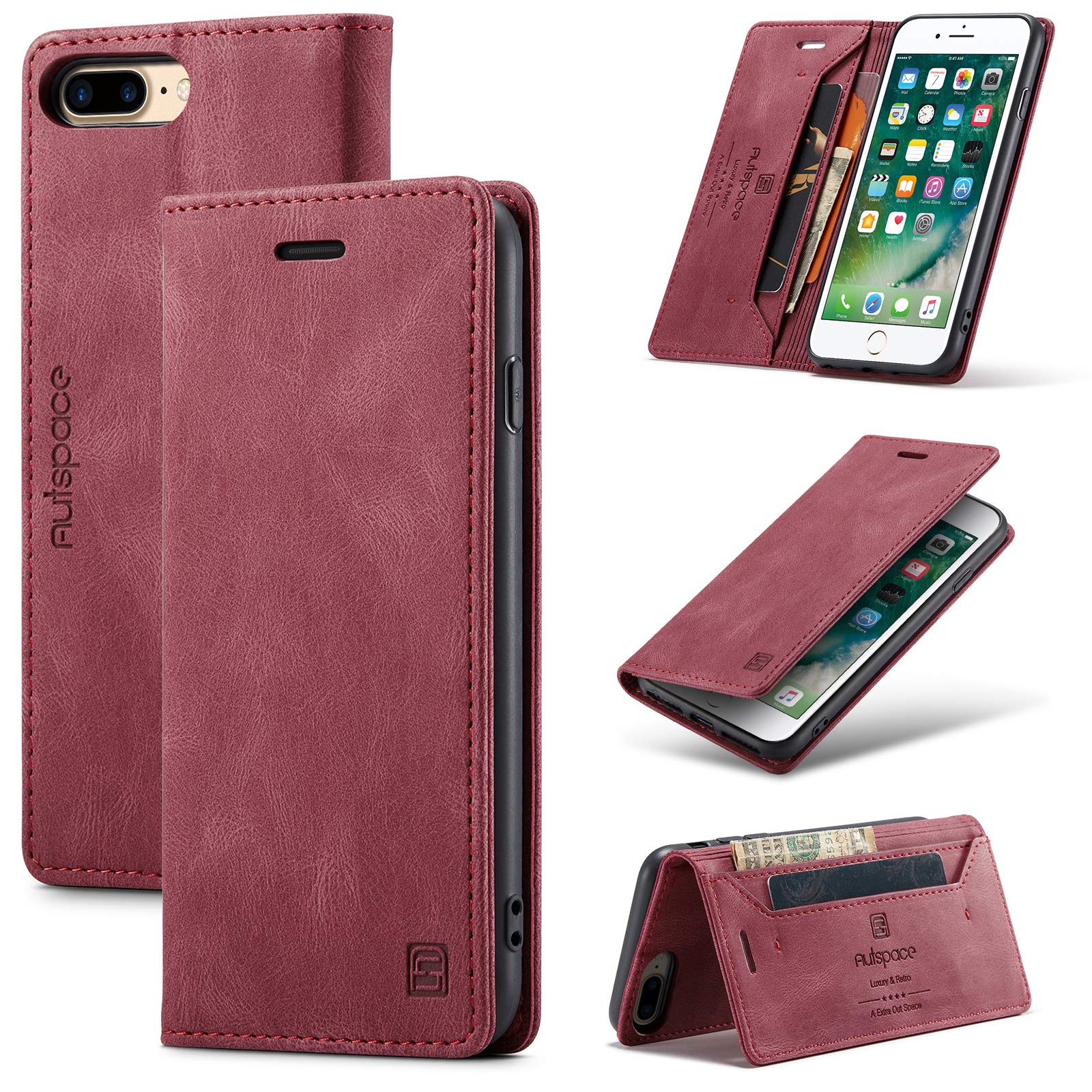 TOHULLE for iPhone 6 Plus for iPhone 6S Plus for iPhone 7 Plus for iPhone 8 Plus Case, Vintage Wallet Case Card Holder Kickstand hidden Magnetic Flip Leather Case - Red