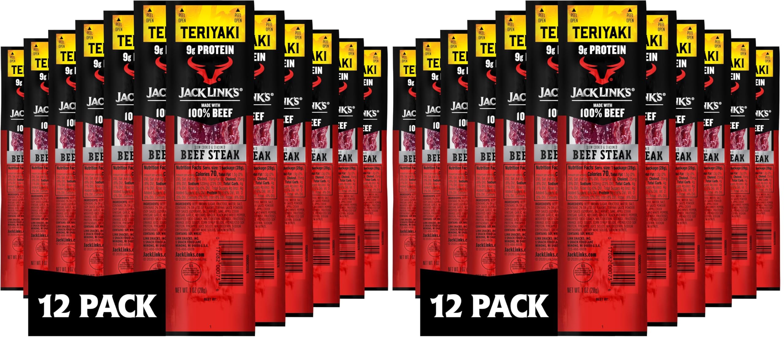 Jack Link's Beef Steak, Teriyaki - Protein Snacks, Meat Snack with 9g of Protein, Made with 100% Beef, Individually Wrapped Bulk Snack Pack, Keto Friendly - 1 Oz. (12 Count) (Pack of 2) Image