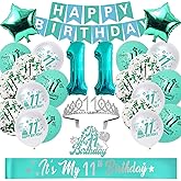 11th Birthday Decorations for Girls, Teal Glitter It’s my 11 Birthday Cake Topper and sash, Silver 11th Bday Crown, Teal and White Happy Bday Banner Number 11th Bday Foil Balloons