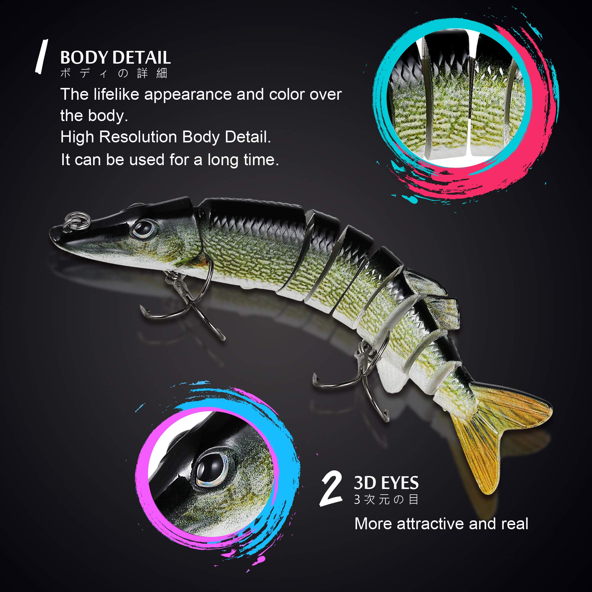 Fishing Lure, Lifelike 9-jointed Pike Muskie lures Swimbait Crankbait Hard Bait Fish Mustad Hook Tackle (Pike color)