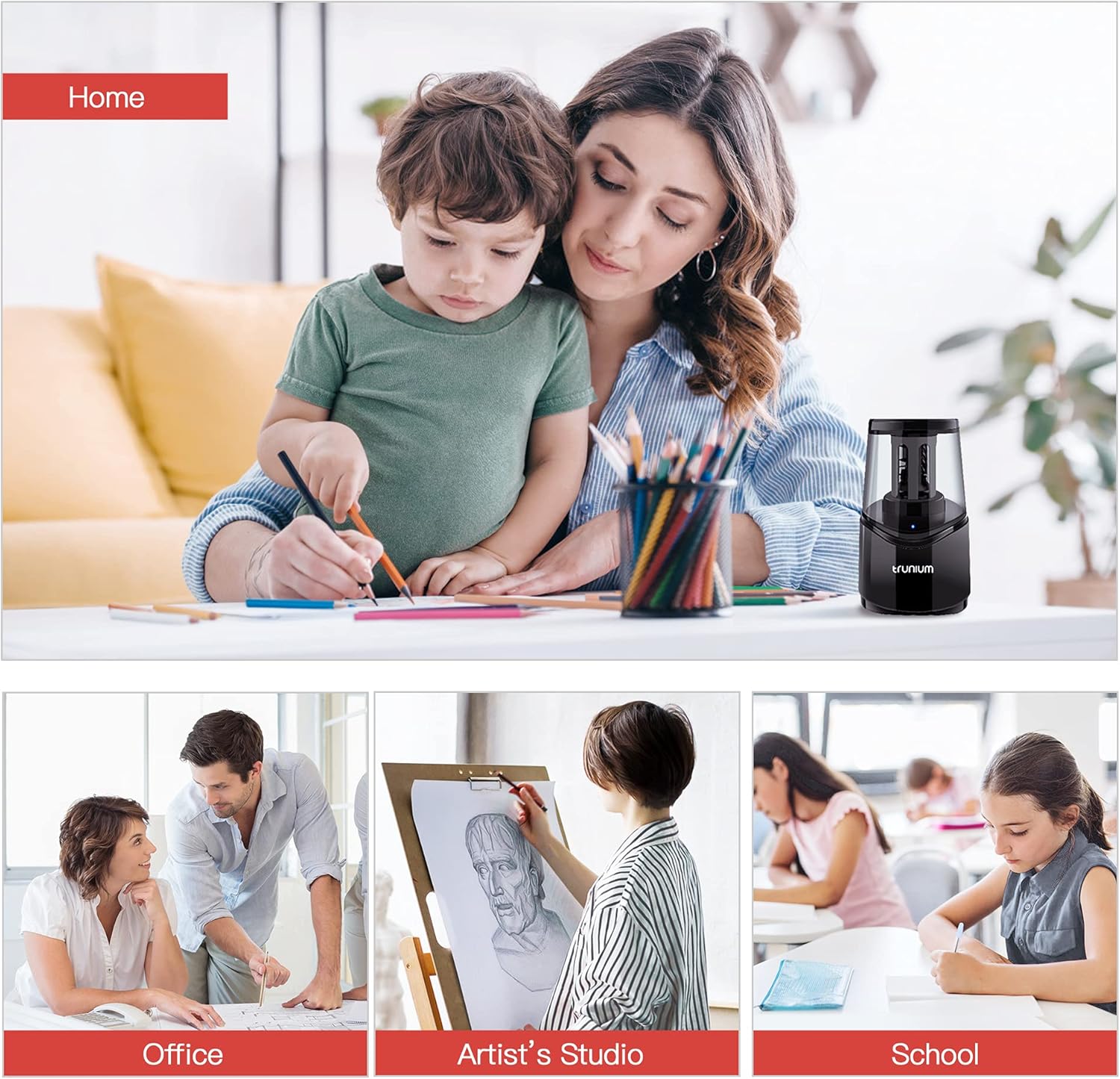 TRUNIUM Electric Pencil Sharpener Heavy Duty, Portable Pencil Sharpener for Home, Colored/Wooden Pencil for 6-8mm, USB/AC Operated in Office School : Office Products