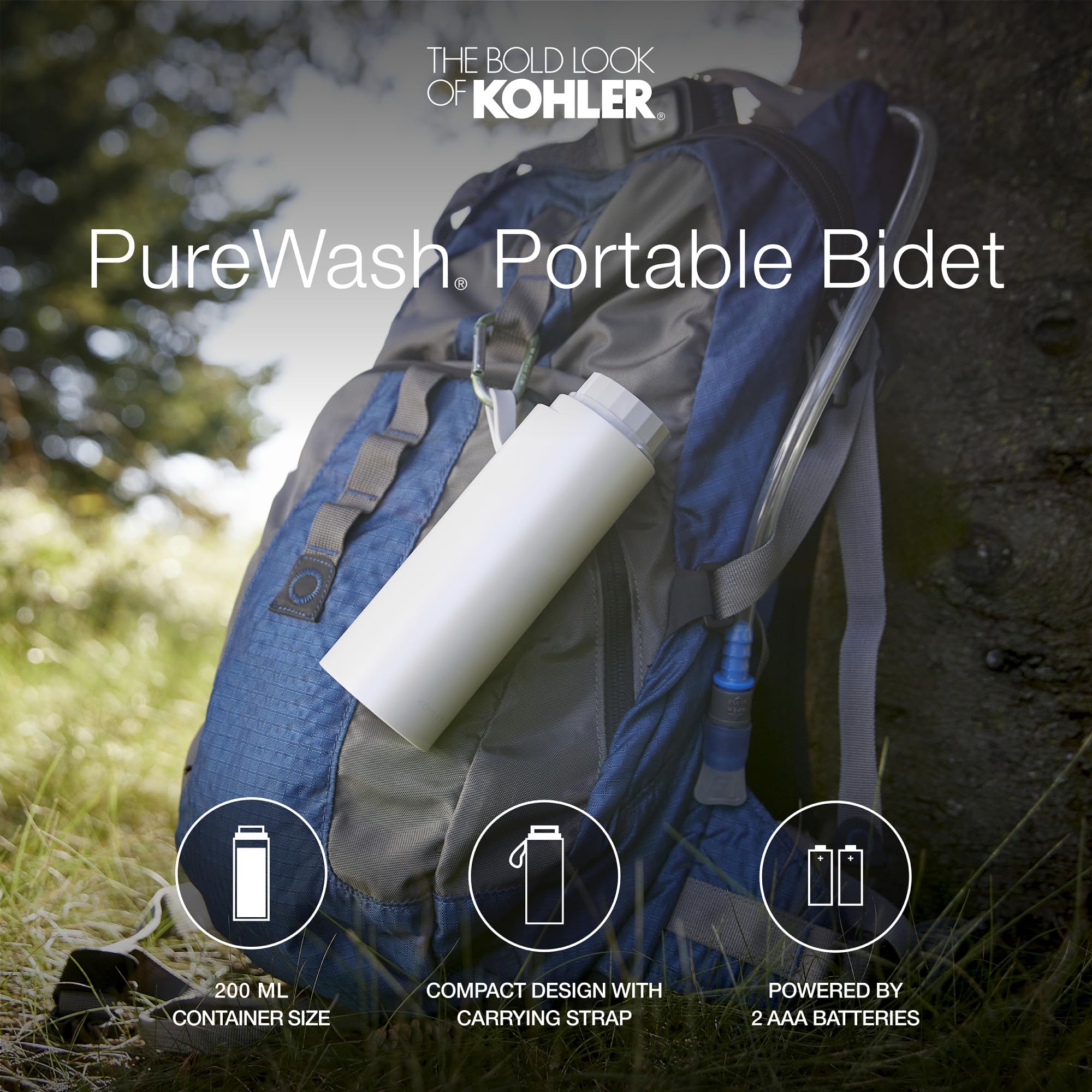 Kohler PureWash M050 Portable Bidet Sprayer, Honed Black, Travel Bidet, Compact Design for Easy Transport with Carrying Strap, Multi-setting Spray Functions, Holds Water for Up to One Minute