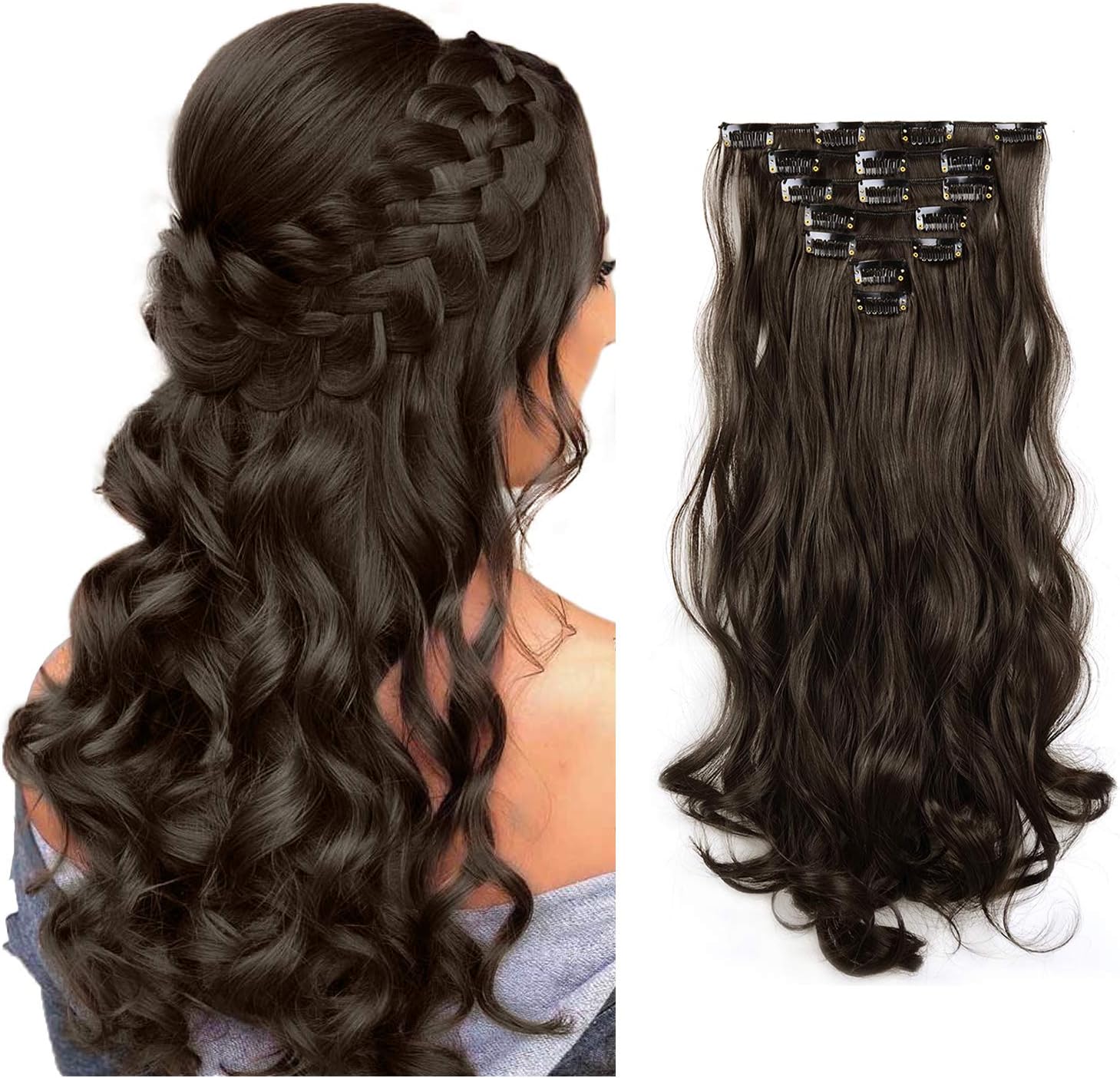 FESHFEN 7 PCS Full Head Clip in Hair Extensions 20" Long Curly Synthetic Thick Hair Extension Wavy Hairpiece for Women Girls