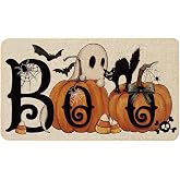 Baccessor Halloween Pumpkins Welcome Doormat 17x29 Inch, Boo Ghost Black Cat Decorative Front Door Mat Non Slip Rubber Backing Fall Seasonal Entryway Floor Decoration