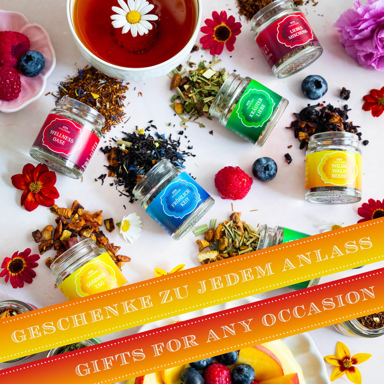 Hallingers Genuss Manufaktur Tee Geschenk-Set - 12 Sorten premium loser Tee Probierset in edler Geschenkbox mit Rezept-Booklet "Entschuldigung", Geschenkidee für Frauen Männer 4